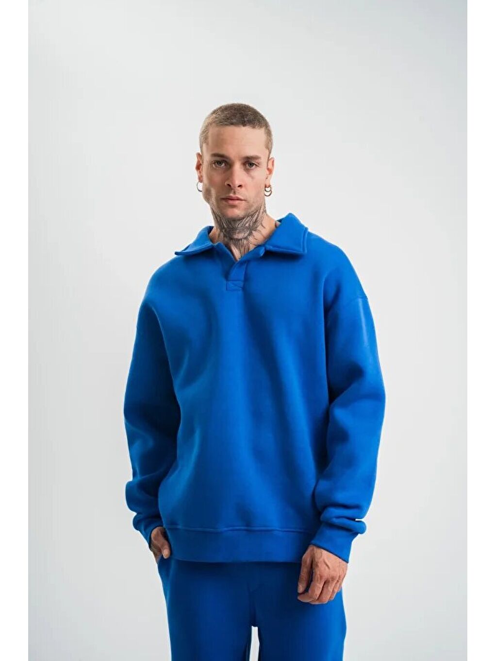 Erkek Patlı Yaka Üç İplik Pamuklu Sweatshirt Double Oversize Rahat Kalıp Günlük Kullanım - Mavi-2