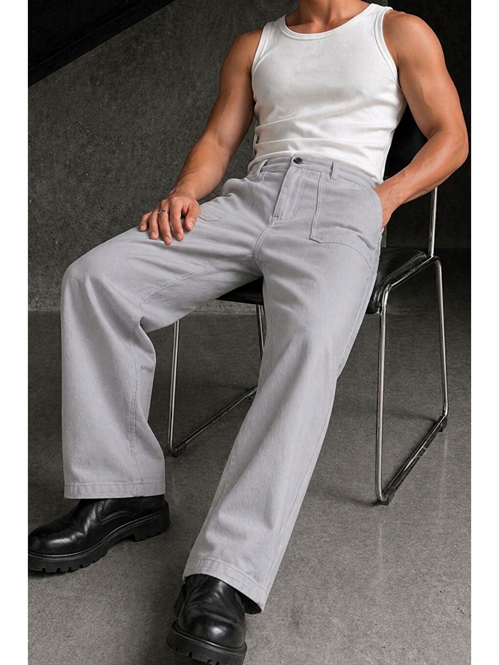 Gri Erkek Baggy Fit Old Money Cep Detaylı Pantolon-2