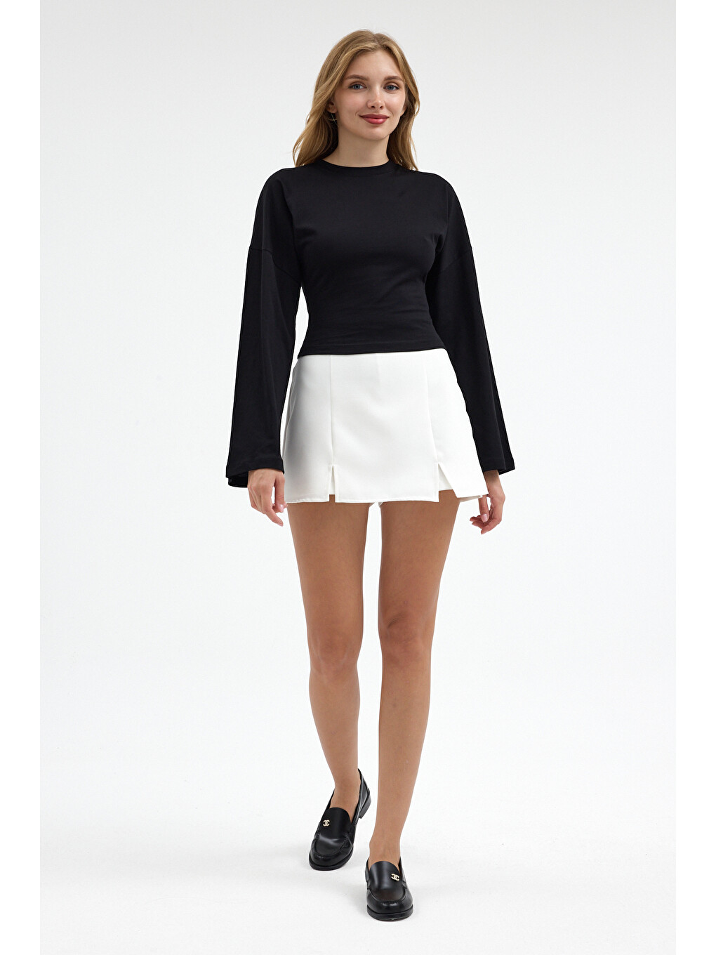 Kadın Basic Geniş Kol Siyah Crop Bluz-5