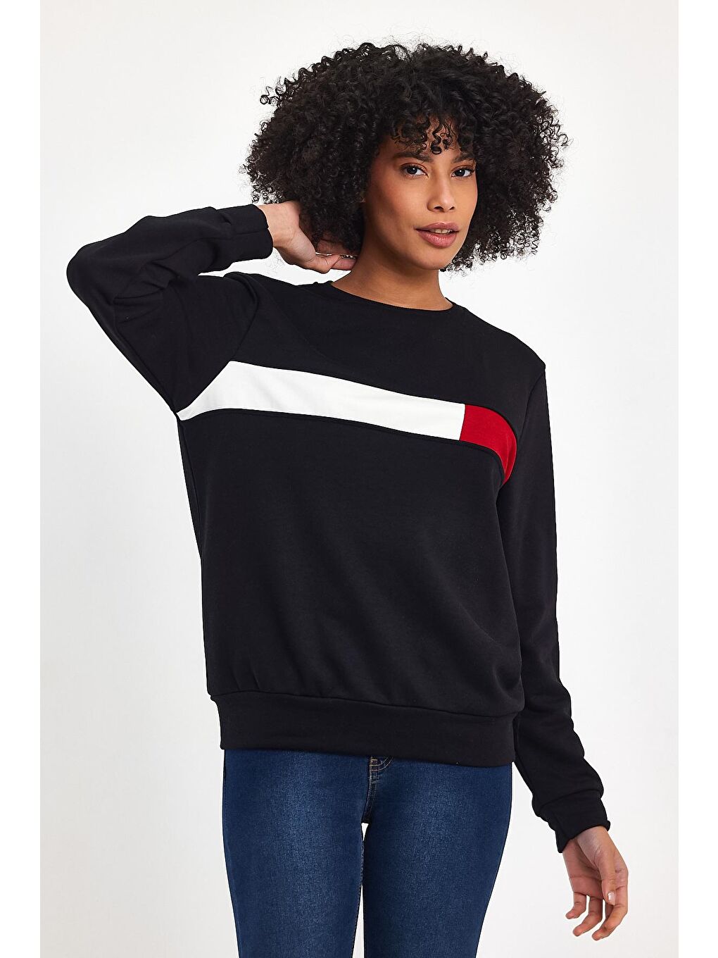 Süperlife Siyah Kadın Bisiklet Yaka Rahat Kalıp 3 iplik Kalın Garnili Sweatshirt SPR24SWK35 - 3