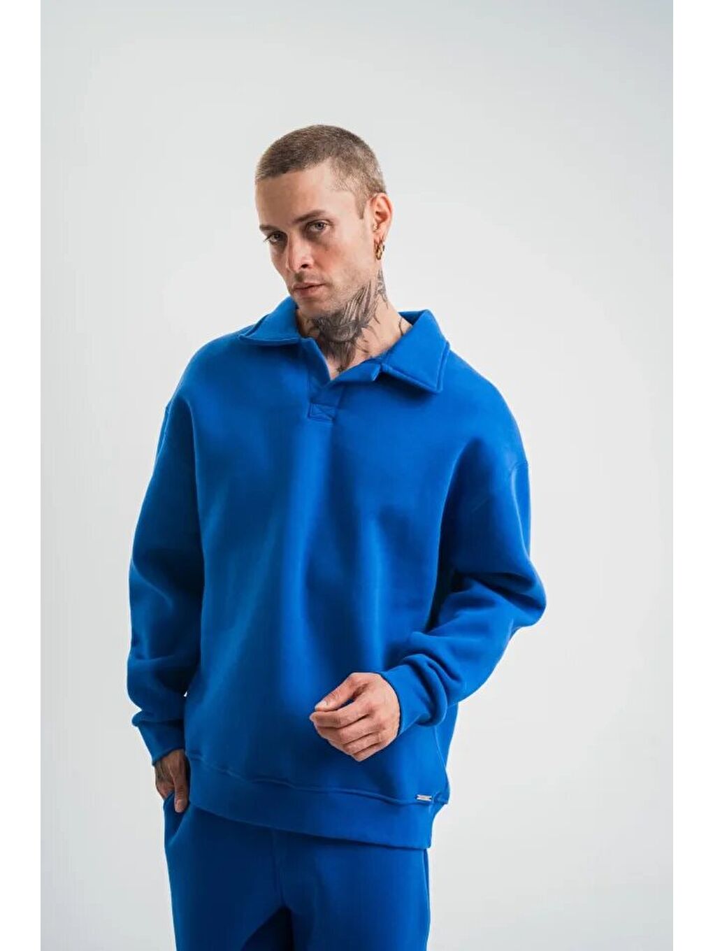 Erkek Patlı Yaka Üç İplik Pamuklu Sweatshirt Double Oversize Rahat Kalıp Günlük Kullanım - Mavi-3