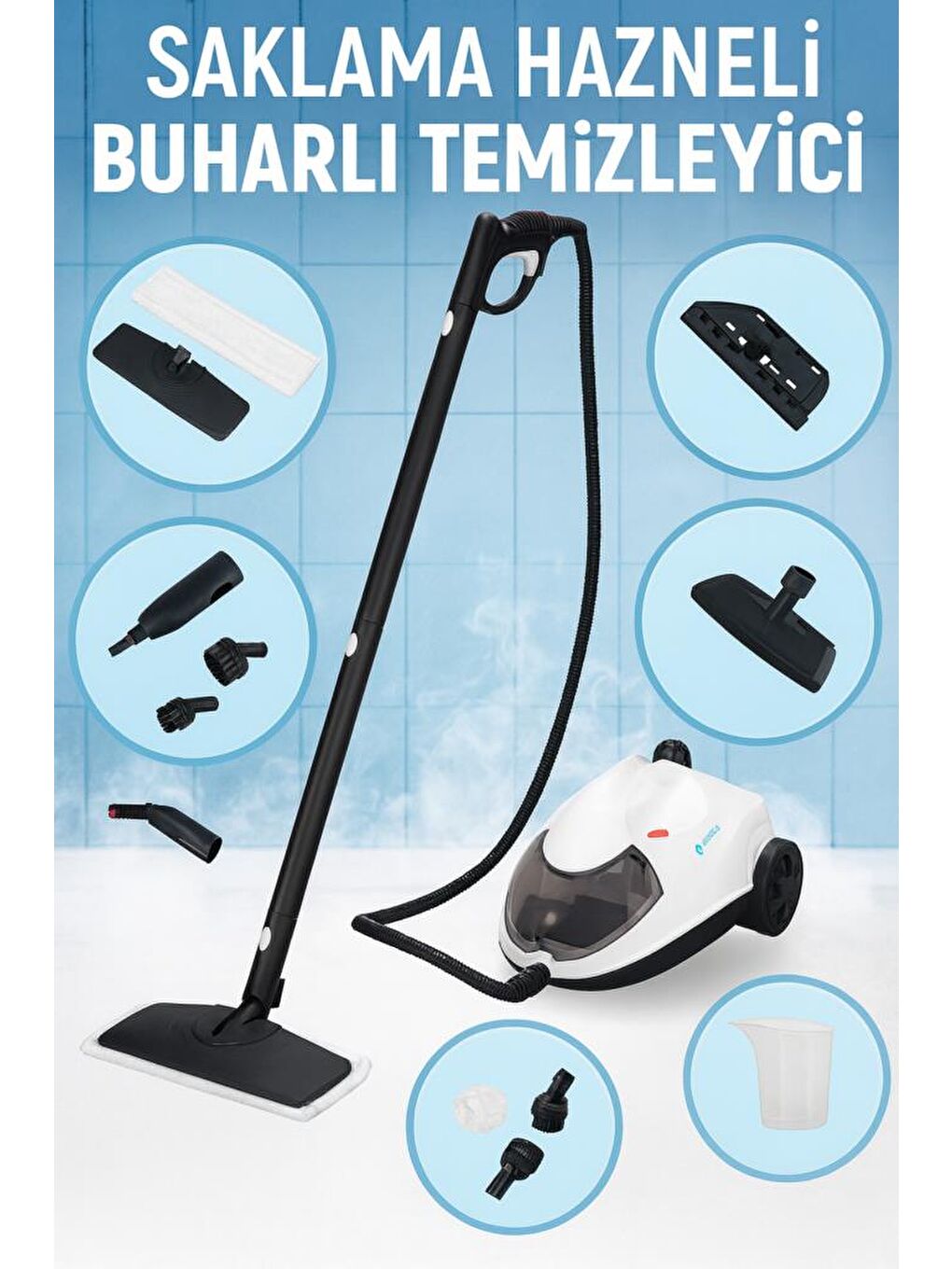 BE-3450 Çok Fonksiyonlu Saklama Hazneli 5 Bar 5m Kablo 2L Su Hazneli Buharlı Temizlik Makinesi Beyaz