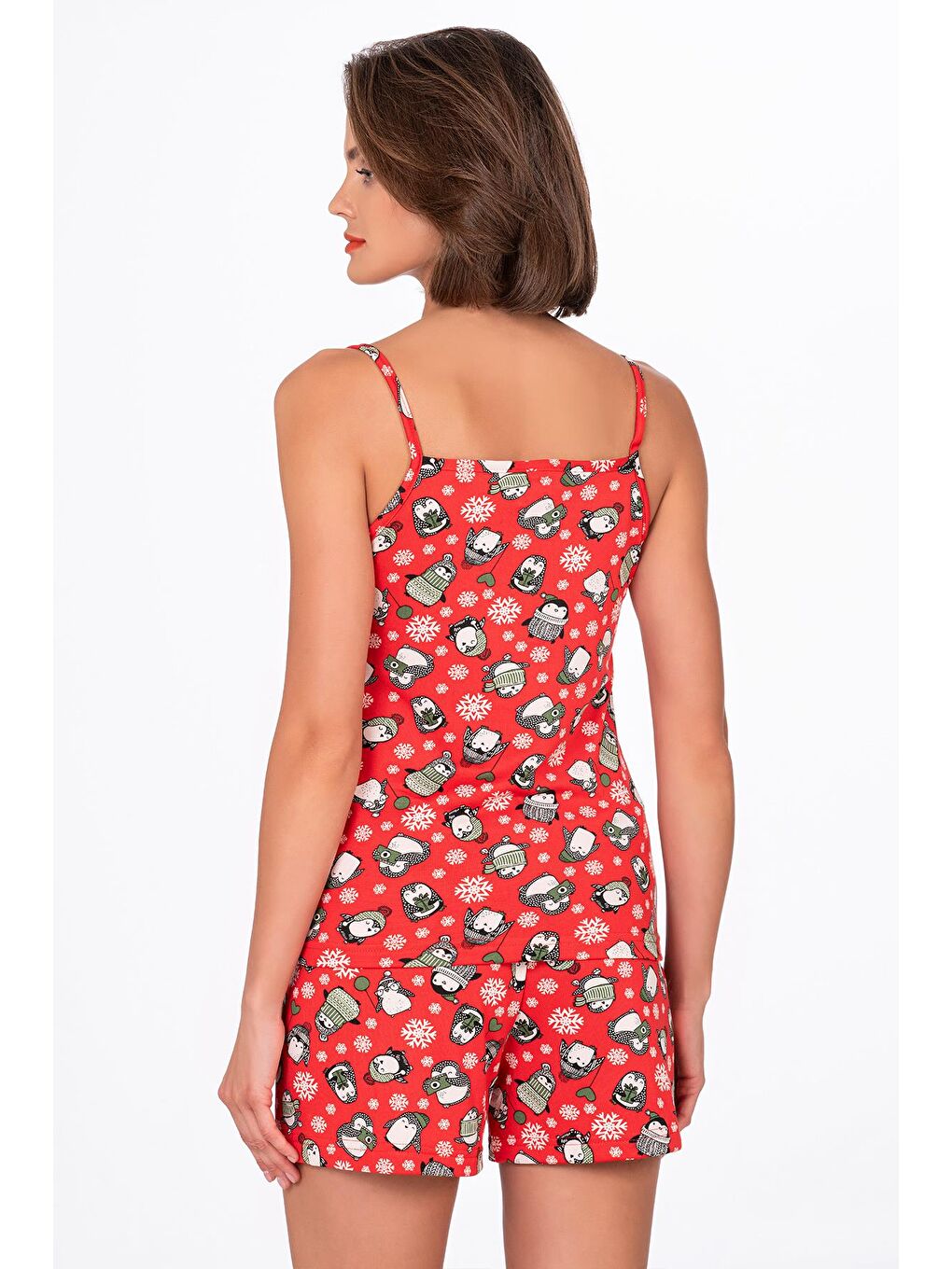 Kadın Kırmızı Desenli İp Askılı Şortlu Pijama Takımı-2