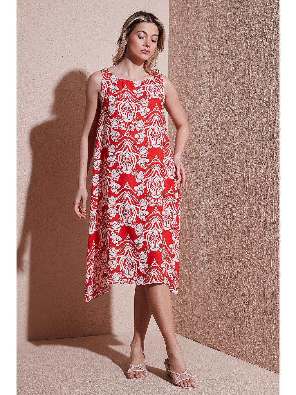 Kırmızı Regular Fit Bisiklet Yaka Kolsuz Volanlı Kadın Elbise 25Y0630K1-2