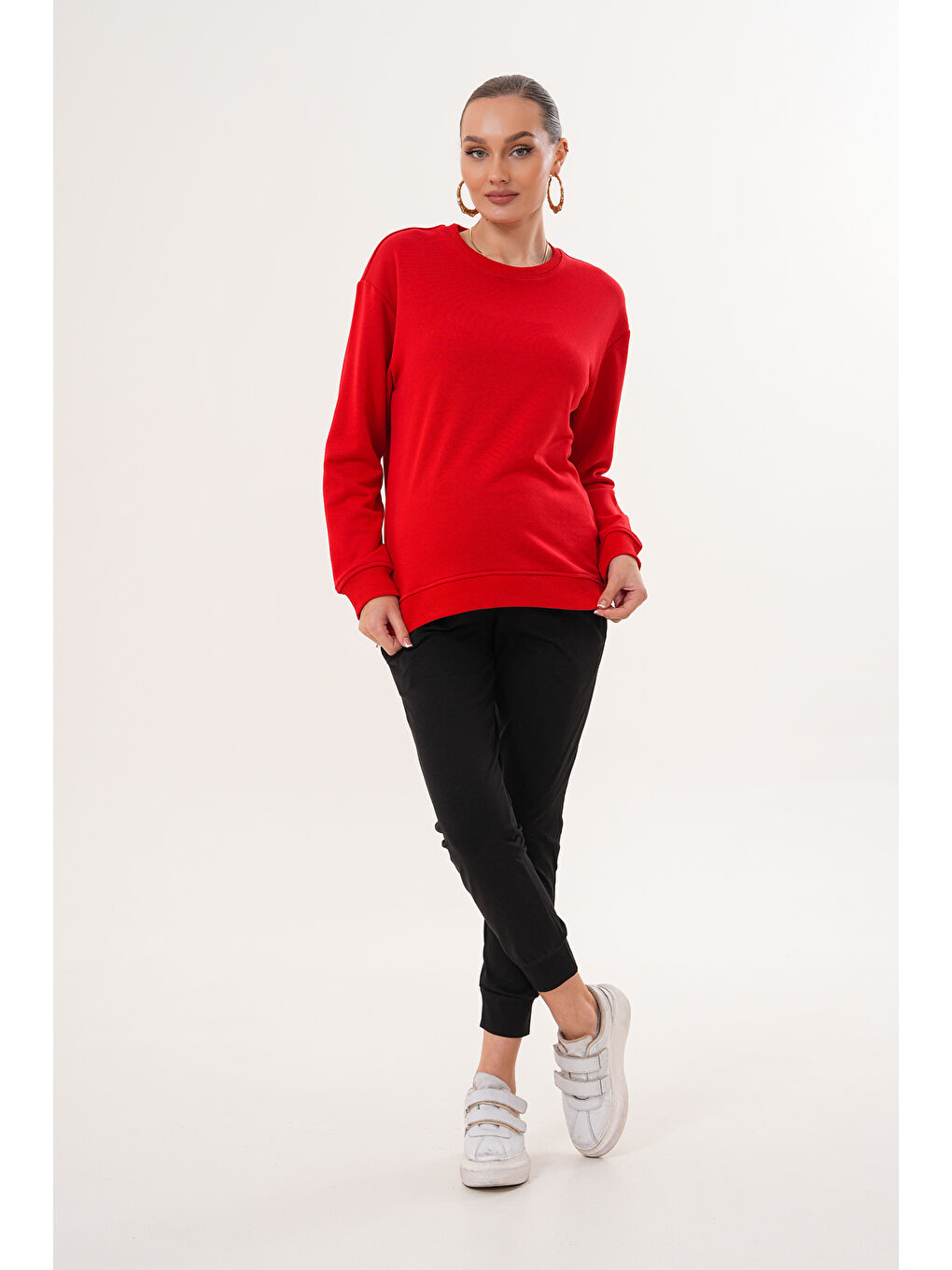 Kırmızı Bisiklet Yaka %100 Pamuk Hamile ve Lohusa Basic Sweatshirt-1