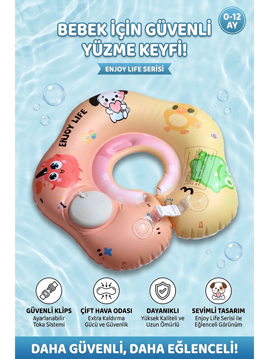 Karışık Kendinden Şişen Çocuk Yüzme Simidi Süngerli Çift Emniyet Kilitli Ayarlanabilir Pembe