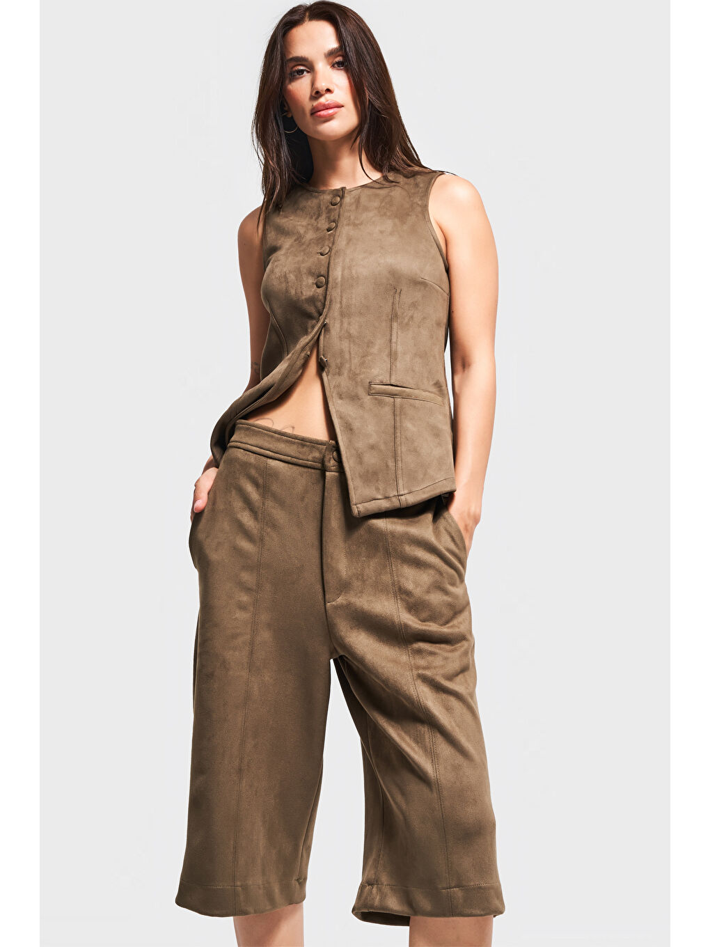 Kahverengi Kadın Kahve Renk w5-15 Süper Esnek Yumuşak Süet Kumaş Önü Düğmeli Yelek-1