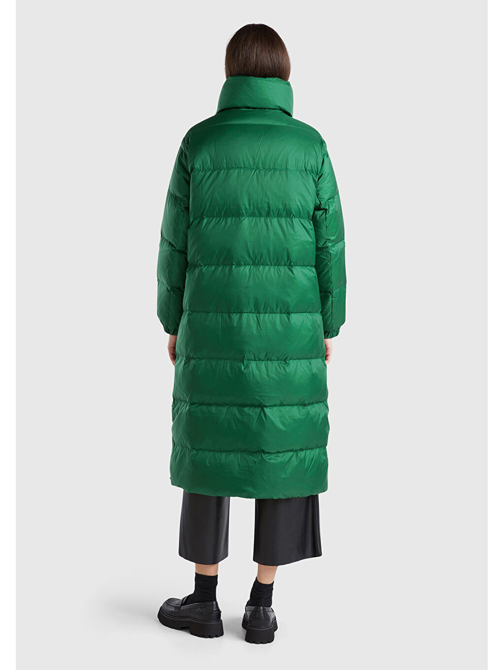 Kadın Yeşil Kaz Tüyü Dolgulu Düğme Kapamalı Yüksek Yaka Uzun Şişme Mont-2