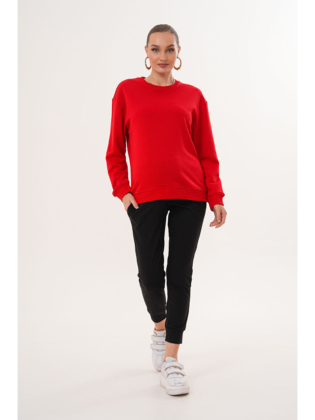 Kırmızı Bisiklet Yaka %100 Pamuk Hamile ve Lohusa Basic Sweatshirt-2