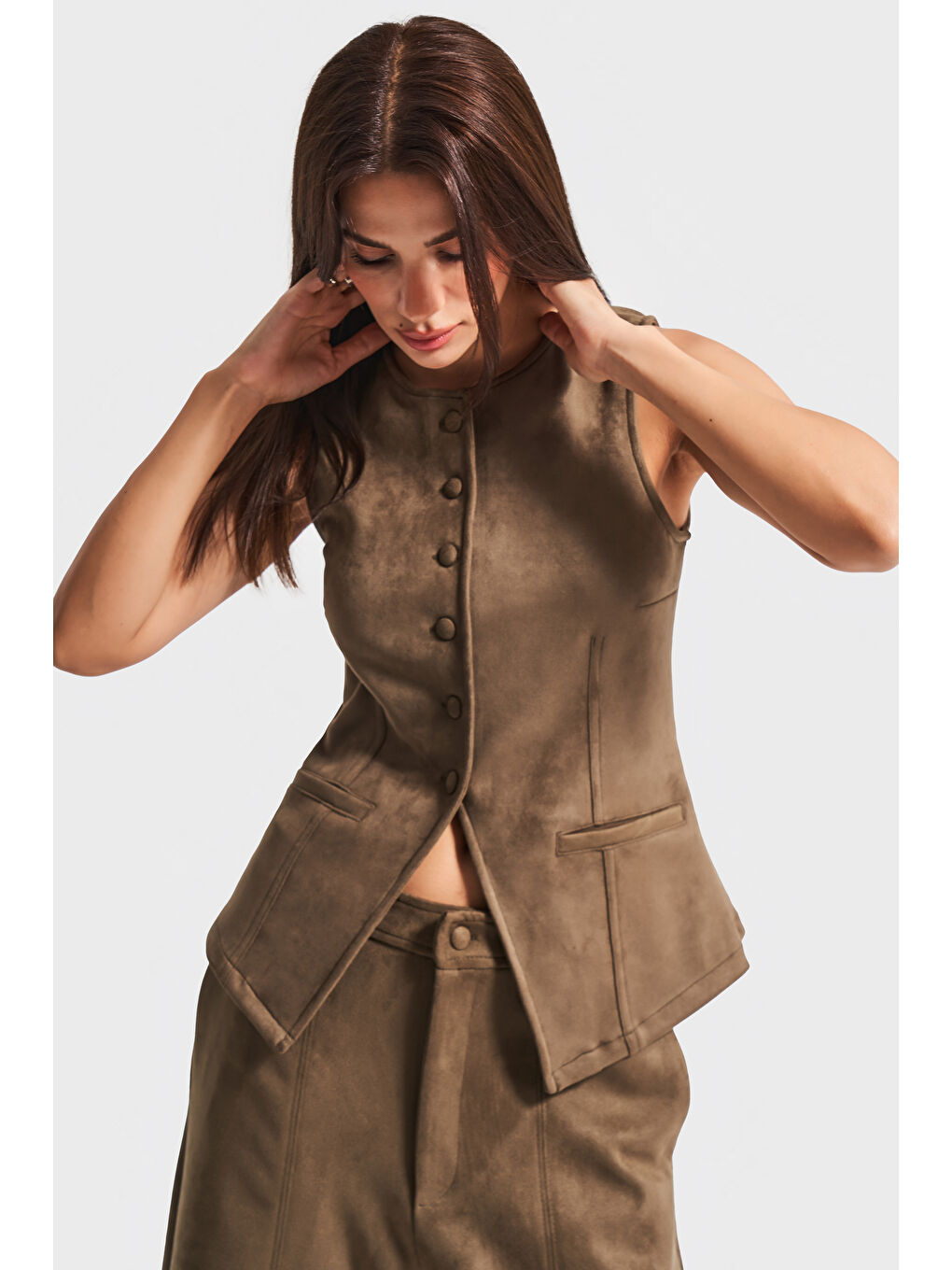 Kahverengi Kadın Kahve Renk w5-15 Süper Esnek Yumuşak Süet Kumaş Önü Düğmeli Yelek-3