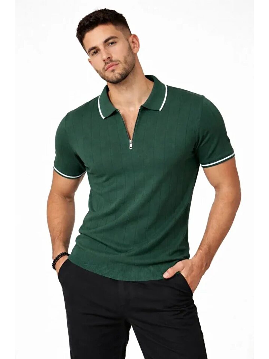 Erkek Fermuarlı Yaka Fitilli Triko Kısa Kollu Regular Fit Tişört T-shirt - Yeşil
