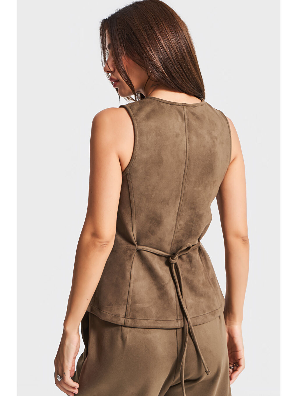 Kahverengi Kadın Kahve Renk w5-15 Süper Esnek Yumuşak Süet Kumaş Önü Düğmeli Yelek-4