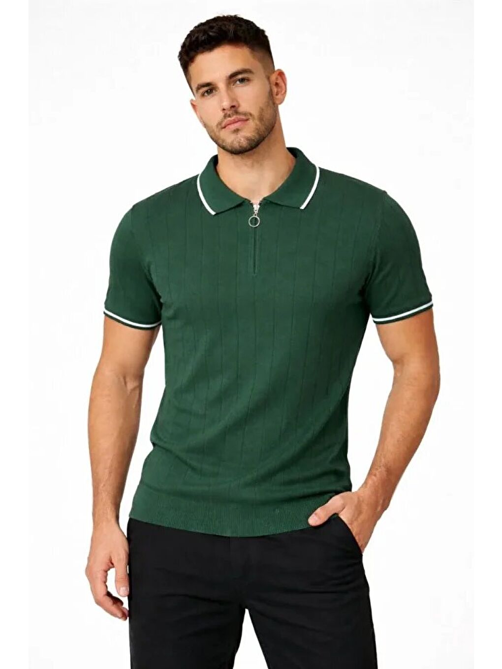 Erkek Fermuarlı Yaka Fitilli Triko Kısa Kollu Regular Fit Tişört T-shirt - Yeşil-1