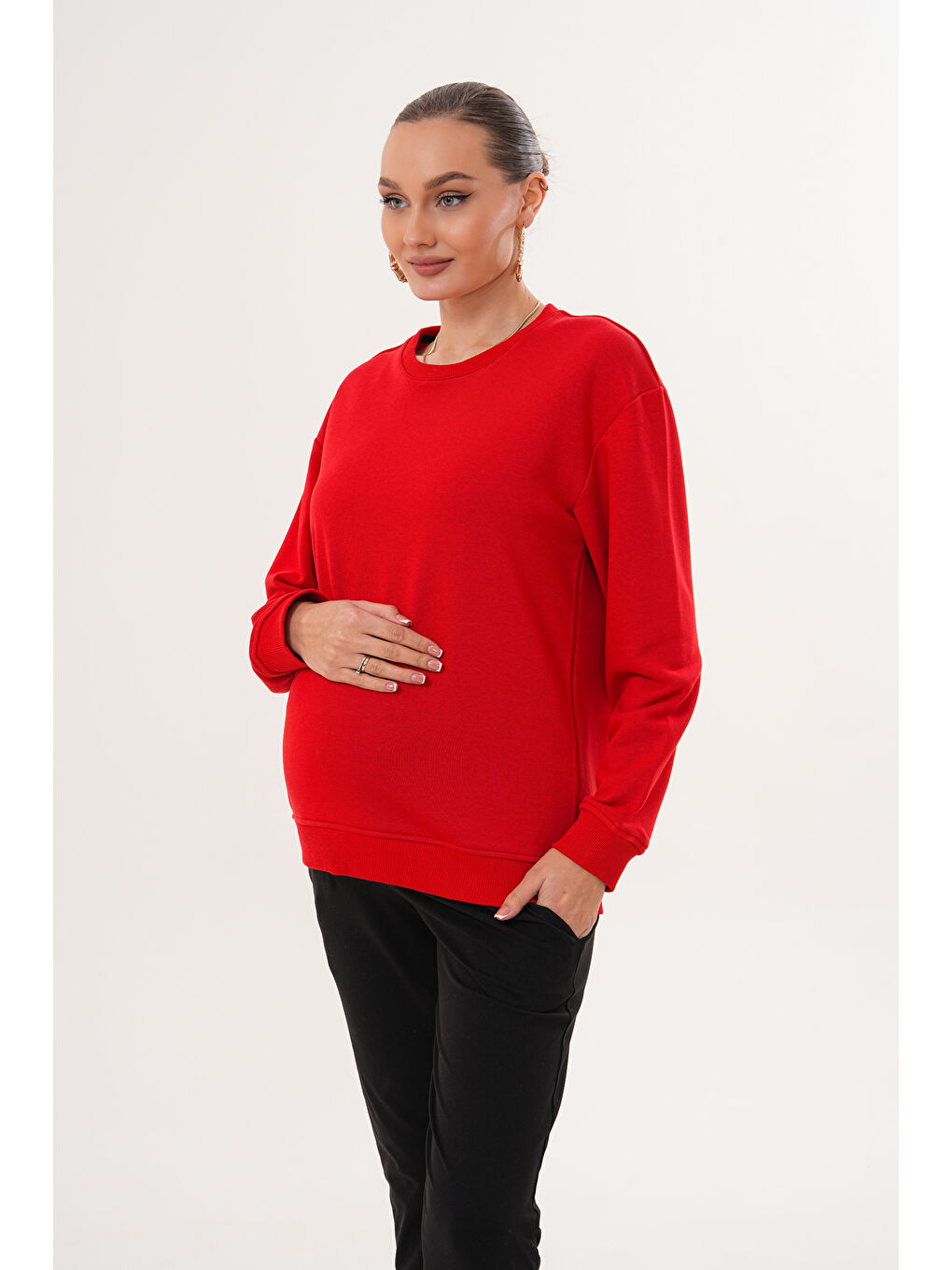 Kırmızı Bisiklet Yaka %100 Pamuk Hamile ve Lohusa Basic Sweatshirt-3
