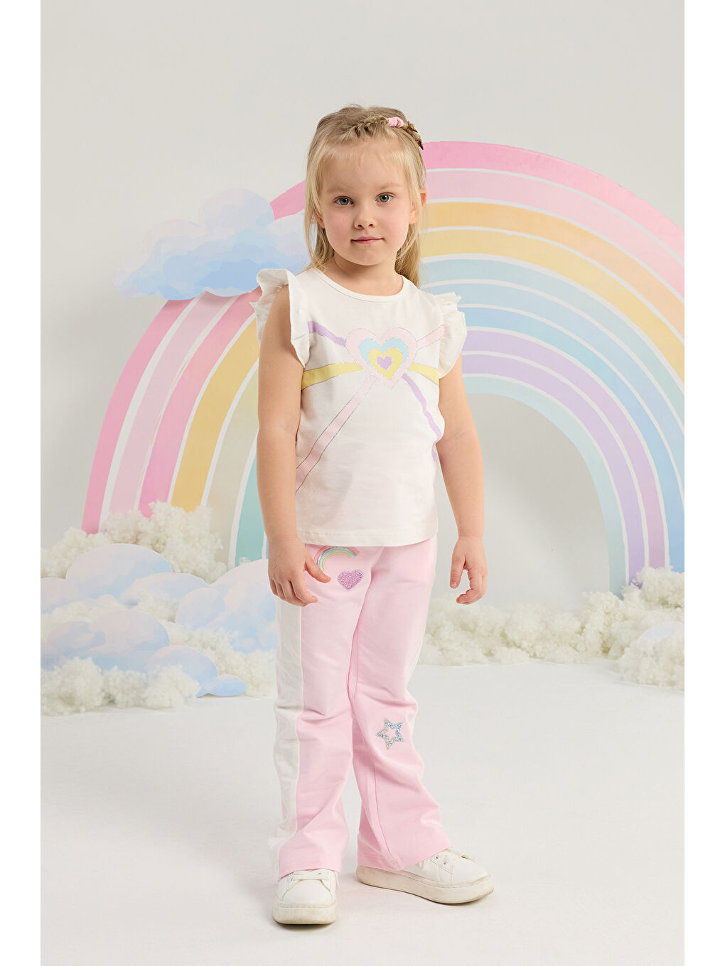 Kız Çocuk Bulut ve Kalp Desenli Tişört 2-6 Yaş Beyaz