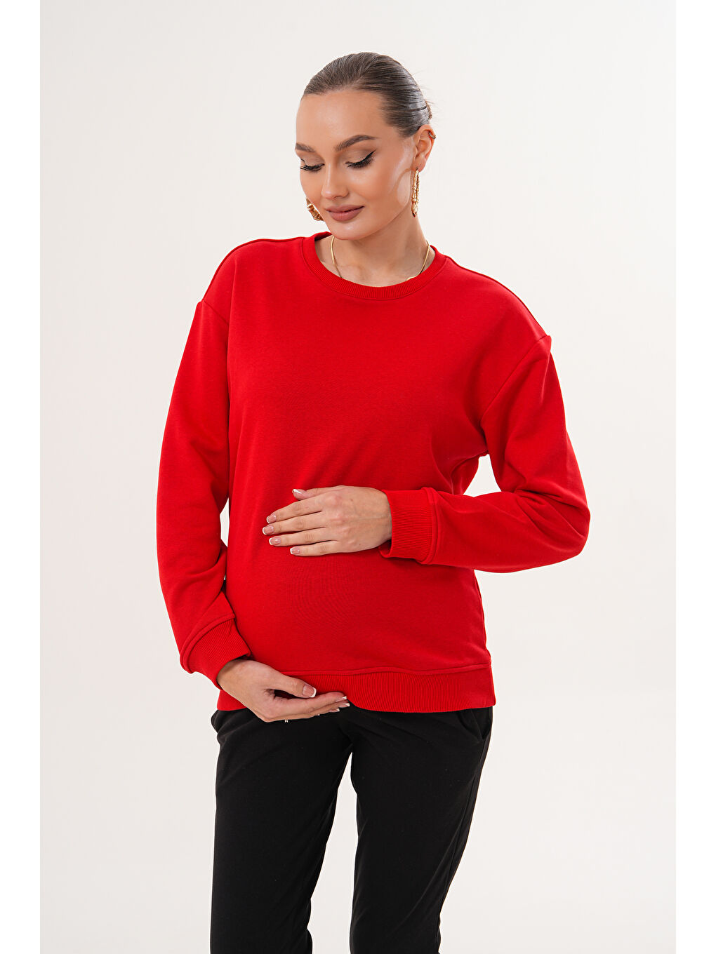 Kırmızı Bisiklet Yaka %100 Pamuk Hamile ve Lohusa Basic Sweatshirt-4