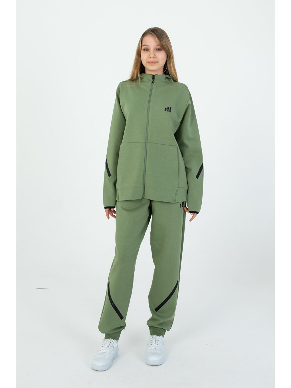 Haki Fermuarlı Çift Cep Detaylı Kapüşonlu Eşofman Takım