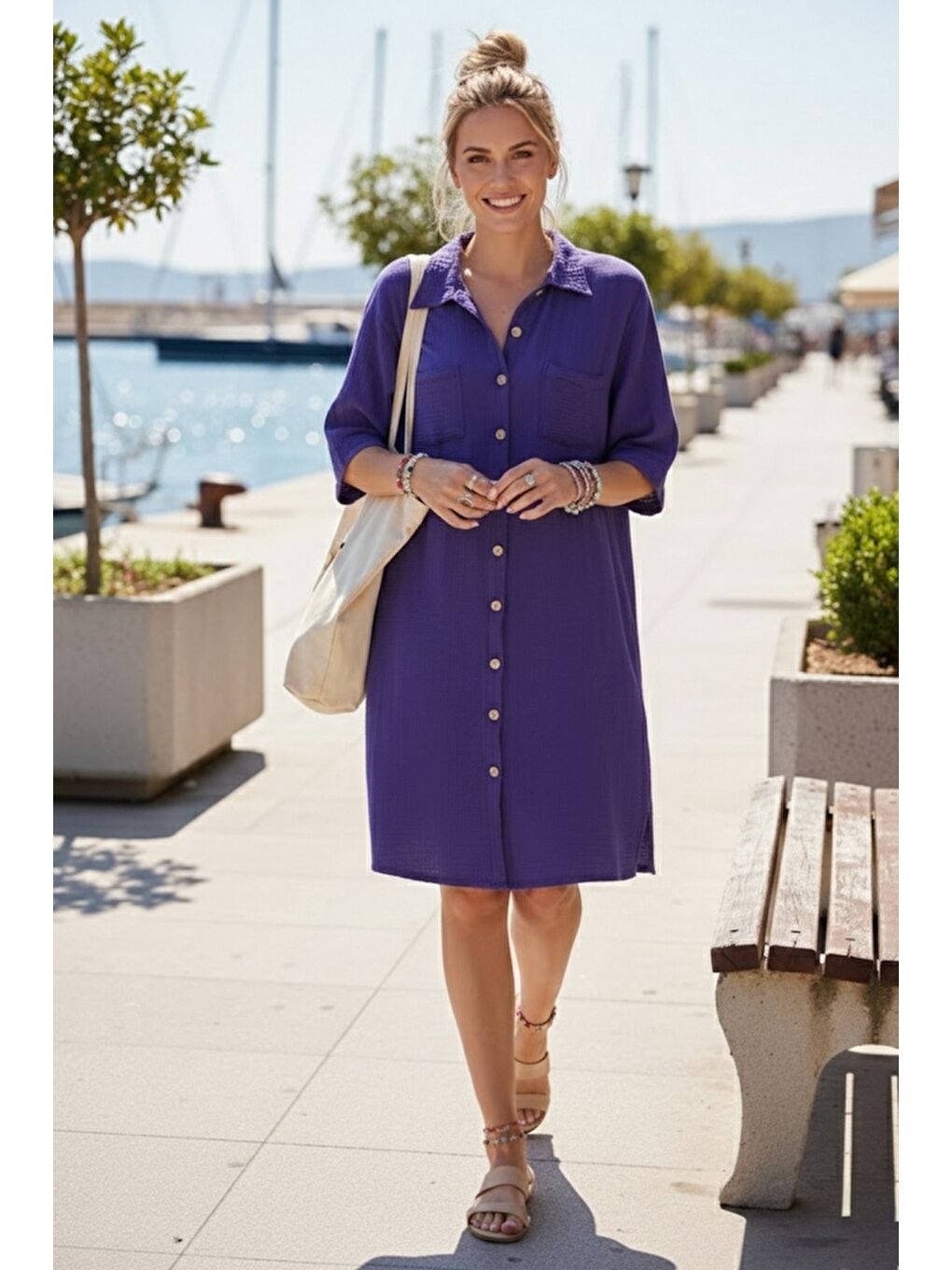 Mor Gömlek Yaka Kısa Kol Düğmeli Çift Cepli Casual Müslin Salaş Dokuma Elbise 95 65-2