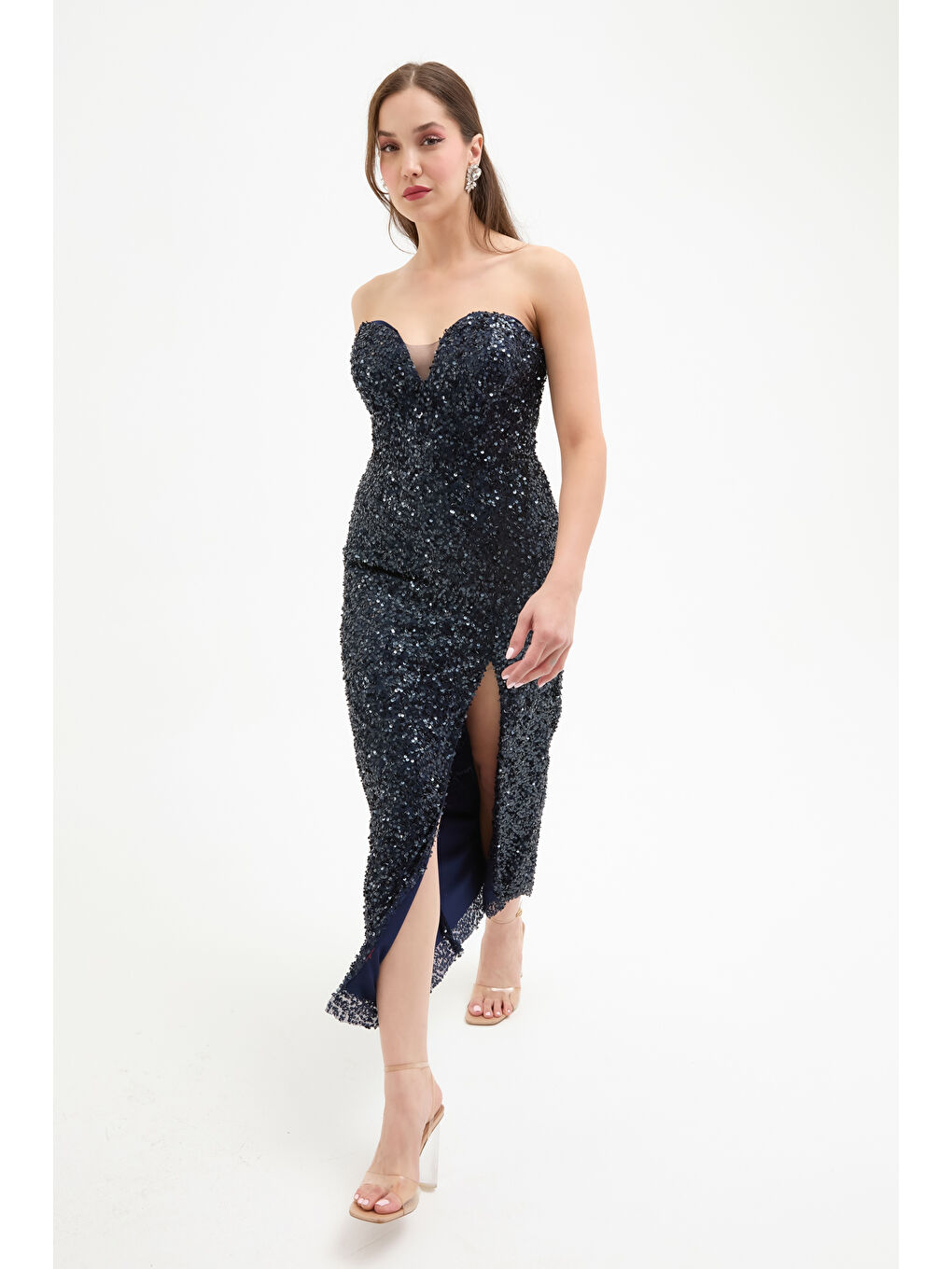 Kadın Lacivert Straplez Yaka Pul Payet Midi Abiye Elbise