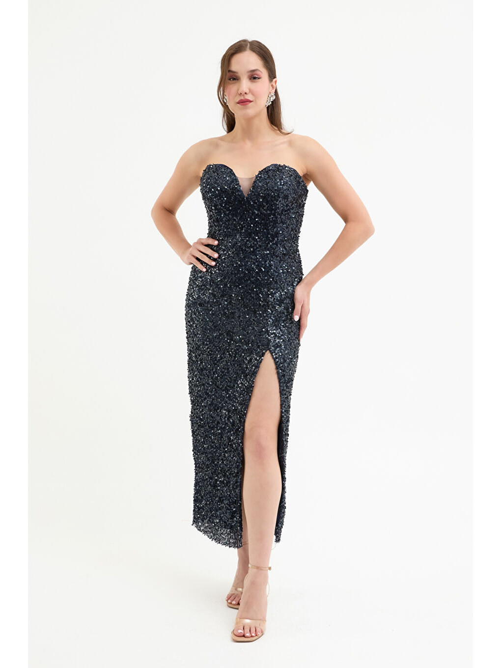 Kadın Lacivert Straplez Yaka Pul Payet Midi Abiye Elbise-1