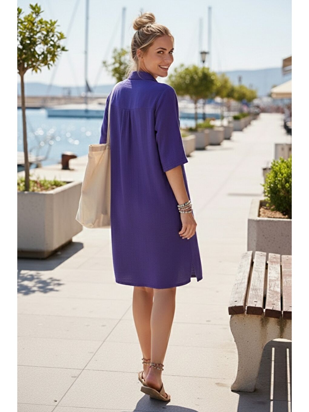 Mor Gömlek Yaka Kısa Kol Düğmeli Çift Cepli Casual Müslin Salaş Dokuma Elbise 95 65-3