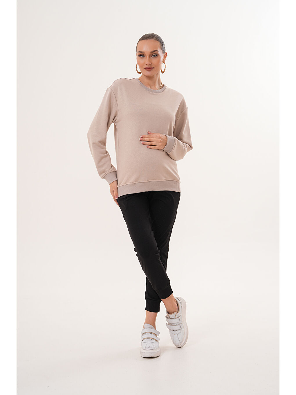Ekru Bisiklet Yaka %100 Pamuk Hamile ve Lohusa Basic Sweatshirt