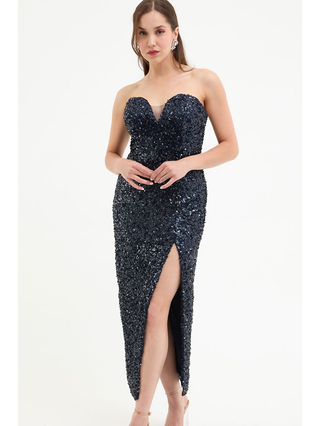 Kadın Lacivert Straplez Yaka Pul Payet Midi Abiye Elbise-2