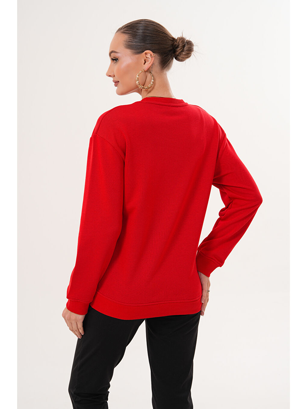 Kırmızı Bisiklet Yaka %100 Pamuk Hamile ve Lohusa Basic Sweatshirt-5