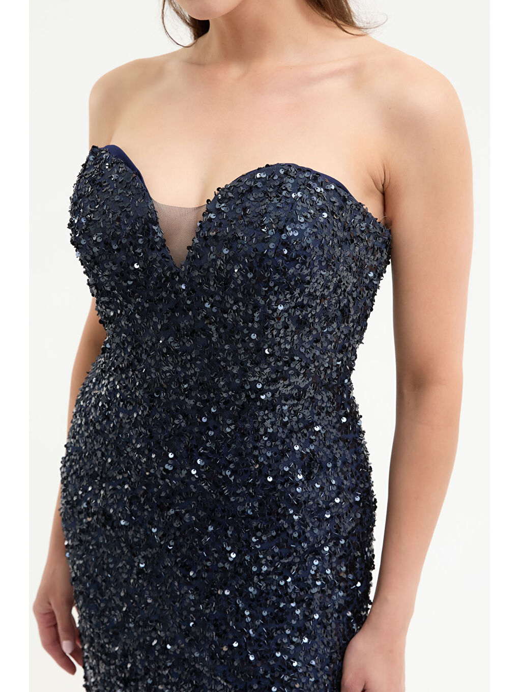 Kadın Lacivert Straplez Yaka Pul Payet Midi Abiye Elbise-3