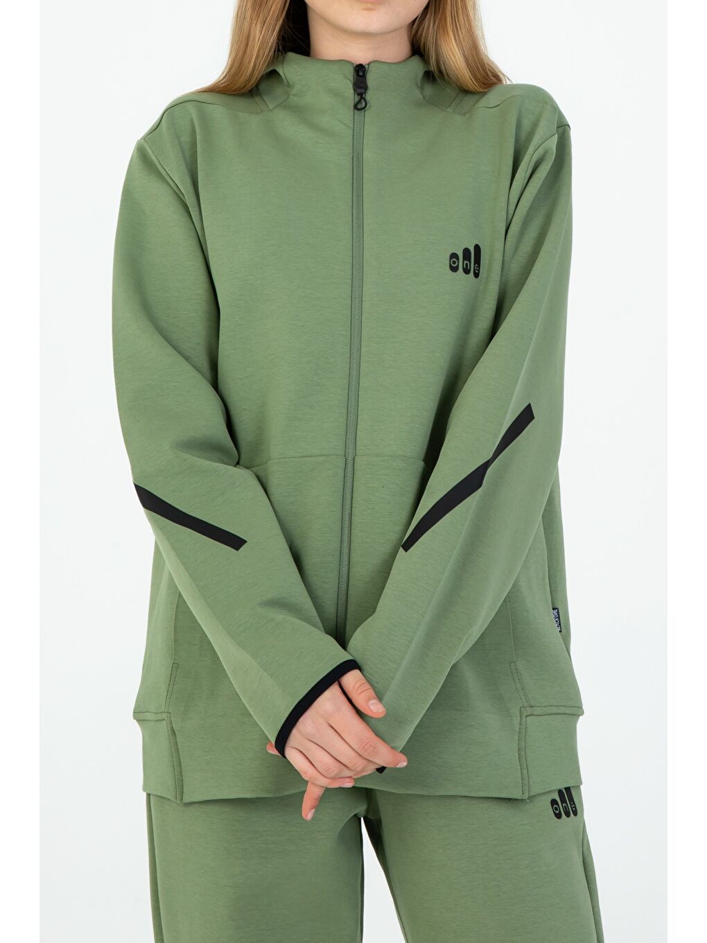 Haki Fermuarlı Çift Cep Detaylı Kapüşonlu Eşofman Takım-2