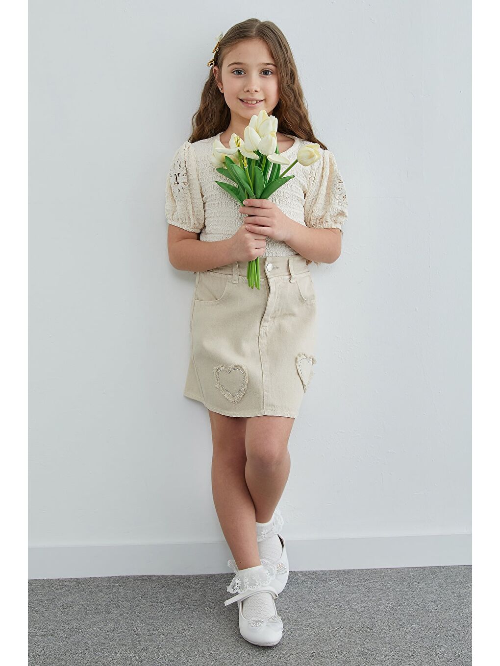 Bej Taşlı Kalp Nakışlı Kız Çocuk Jean Etek-1
