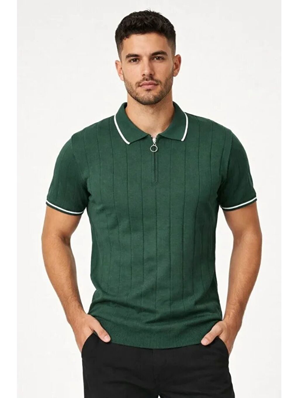 Erkek Fermuarlı Yaka Fitilli Triko Kısa Kollu Regular Fit Tişört T-shirt - Yeşil-3
