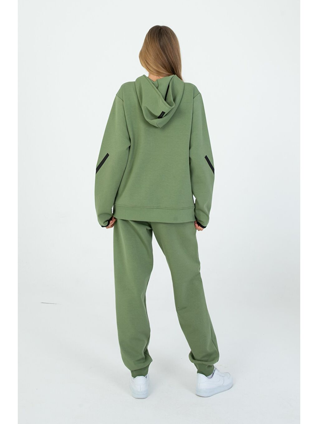 Haki Fermuarlı Çift Cep Detaylı Kapüşonlu Eşofman Takım-3