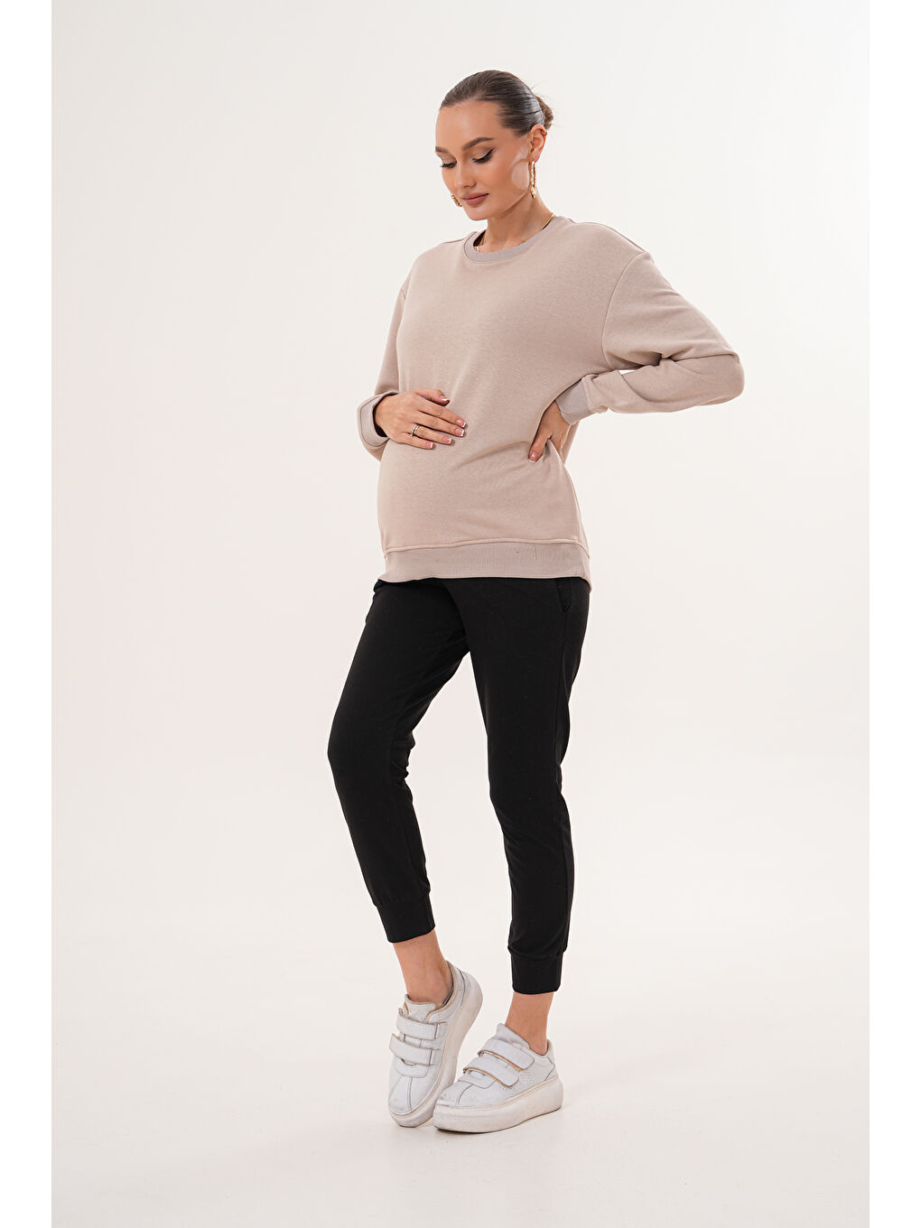 Ekru Bisiklet Yaka %100 Pamuk Hamile ve Lohusa Basic Sweatshirt-1