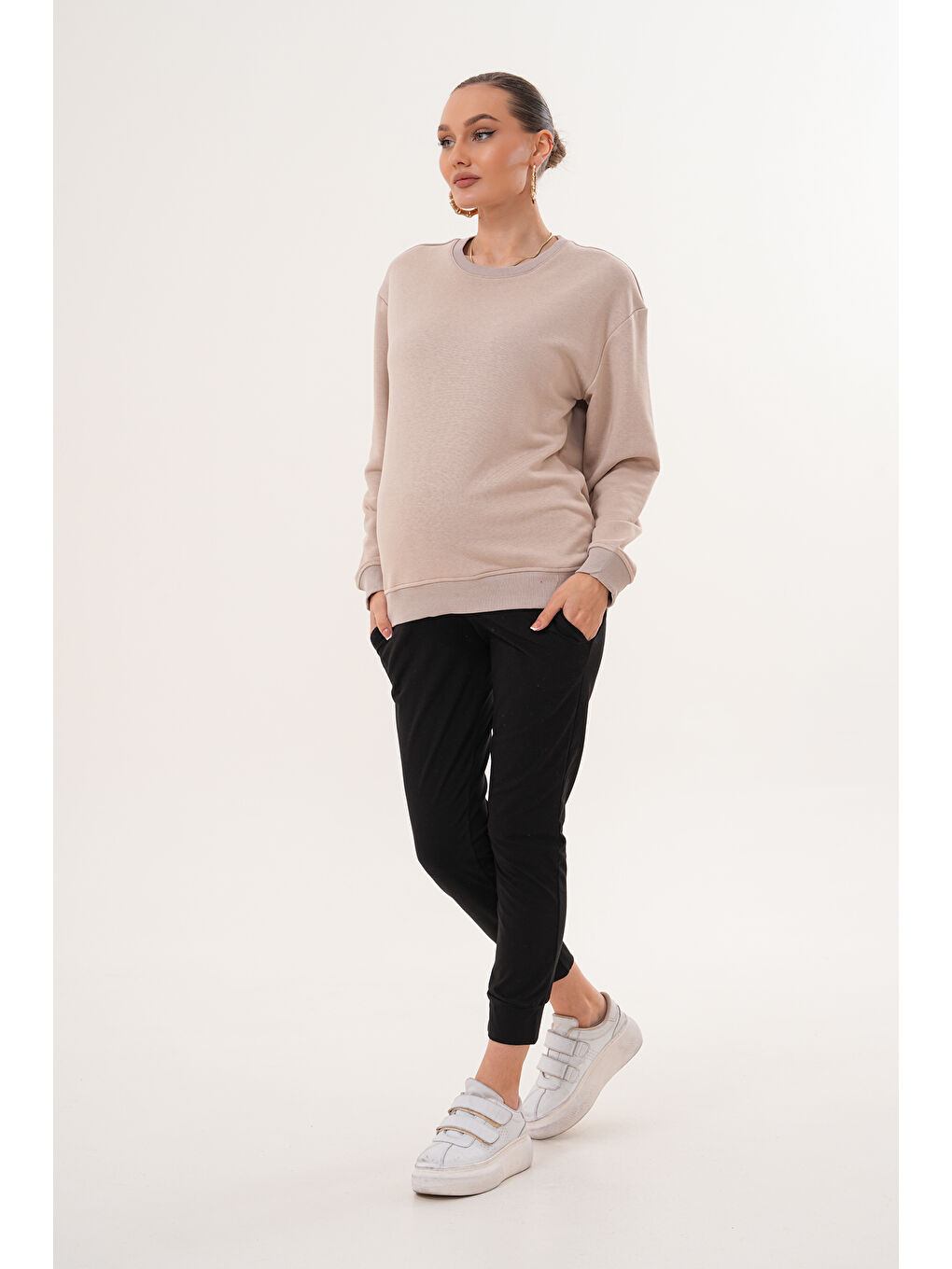 Ekru Bisiklet Yaka %100 Pamuk Hamile ve Lohusa Basic Sweatshirt-2