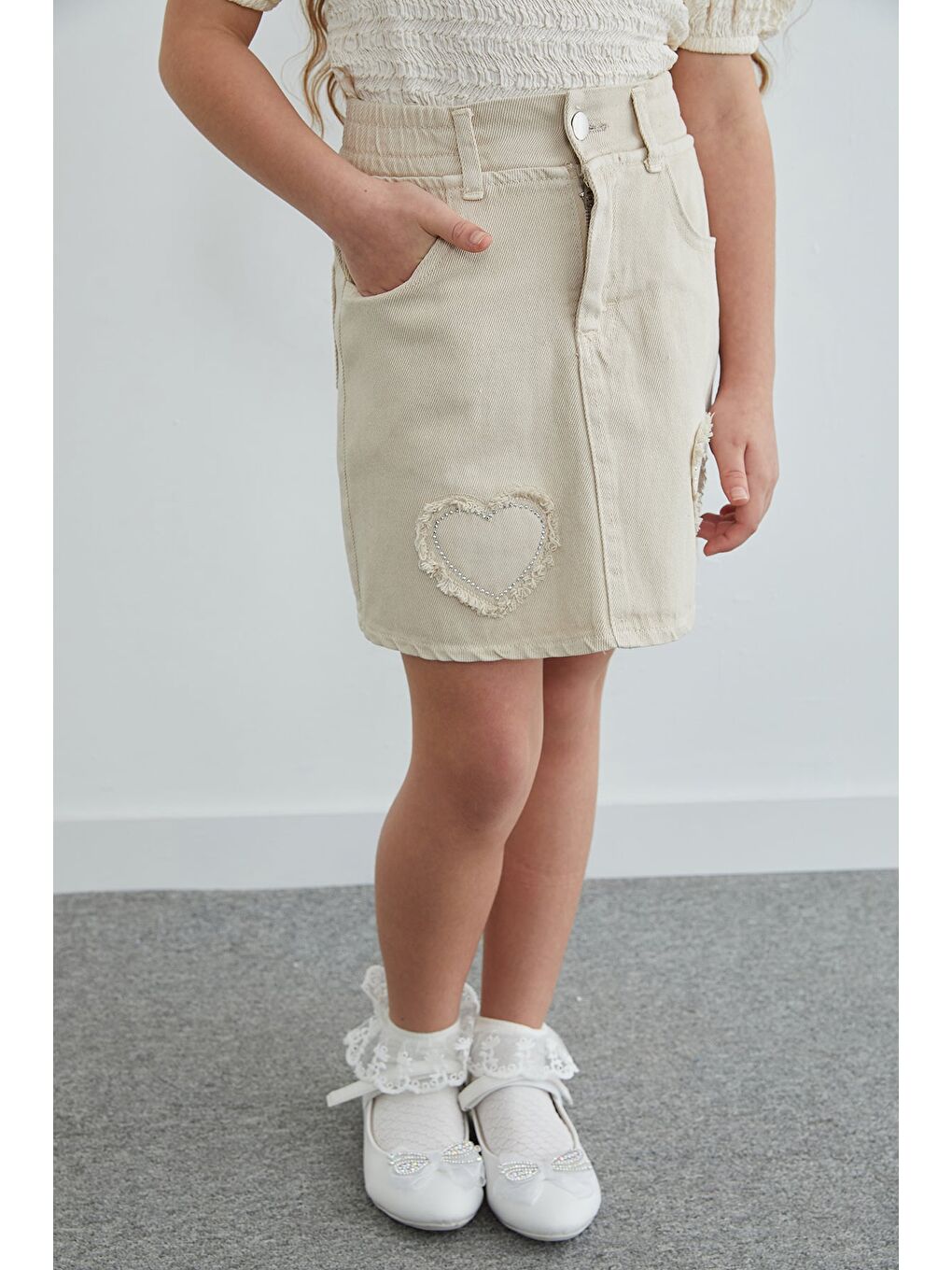 Bej Taşlı Kalp Nakışlı Kız Çocuk Jean Etek-2