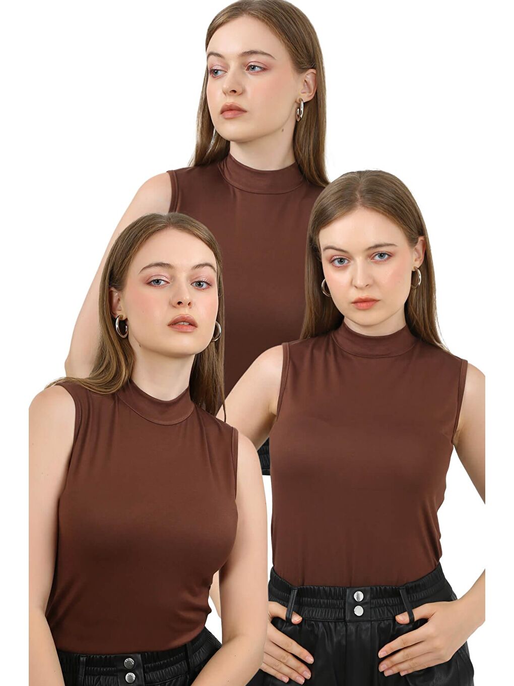 Kahverengi Kadın 3'Lü Kolsuz Body