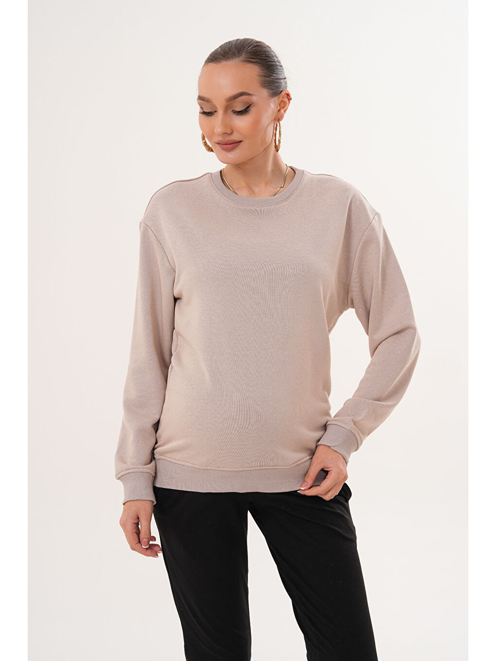 Ekru Bisiklet Yaka %100 Pamuk Hamile ve Lohusa Basic Sweatshirt-3