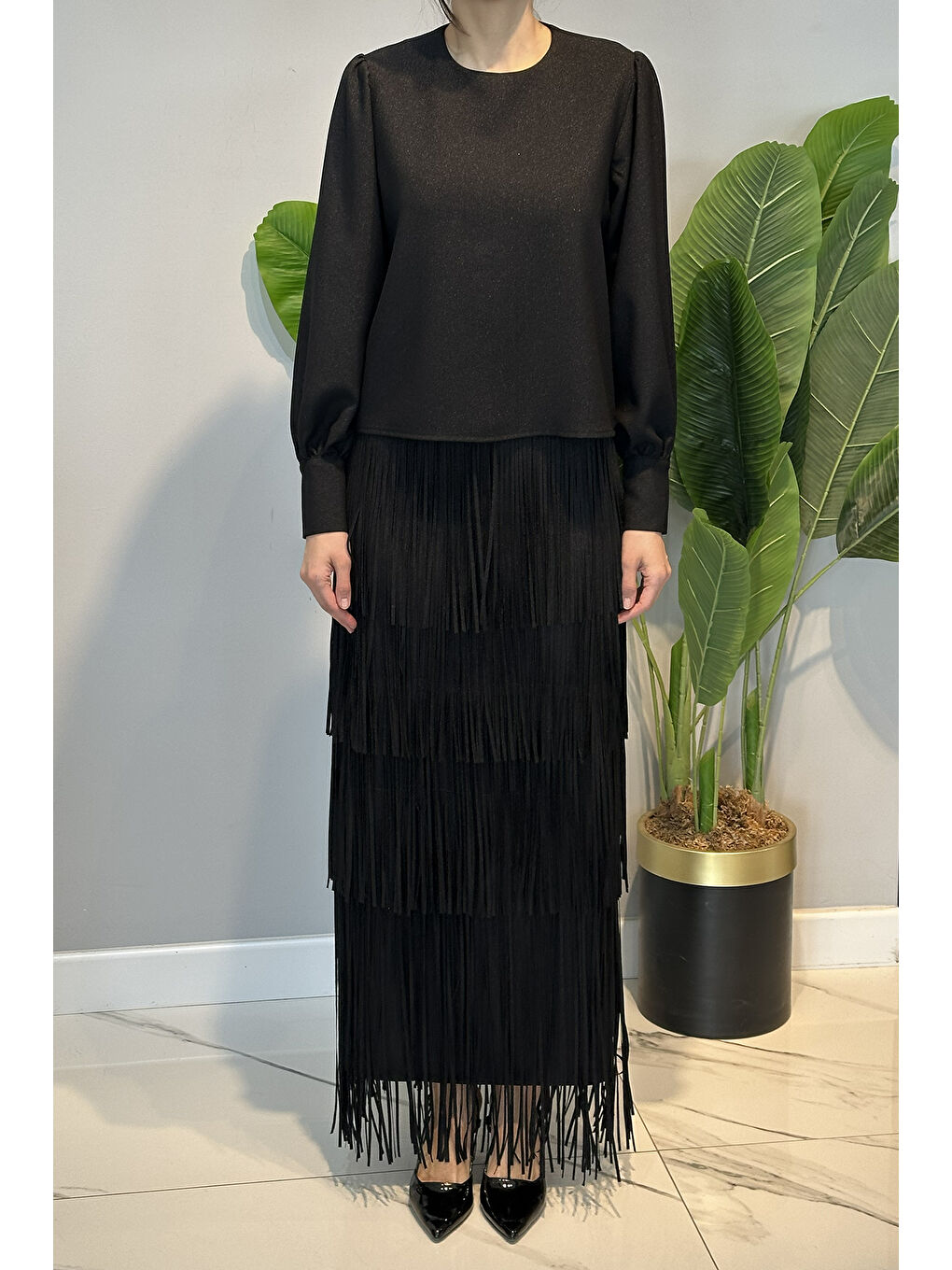 Eteği Püskül Detay Tunik Etek Takım 10548 Siyah-1