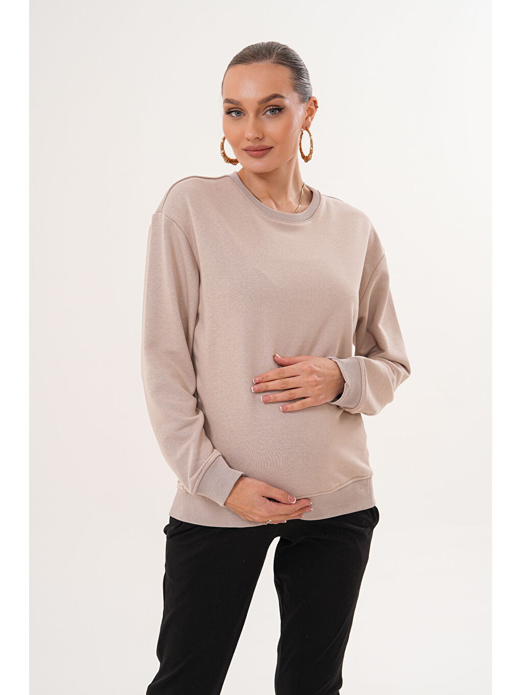 Ekru Bisiklet Yaka %100 Pamuk Hamile ve Lohusa Basic Sweatshirt-4