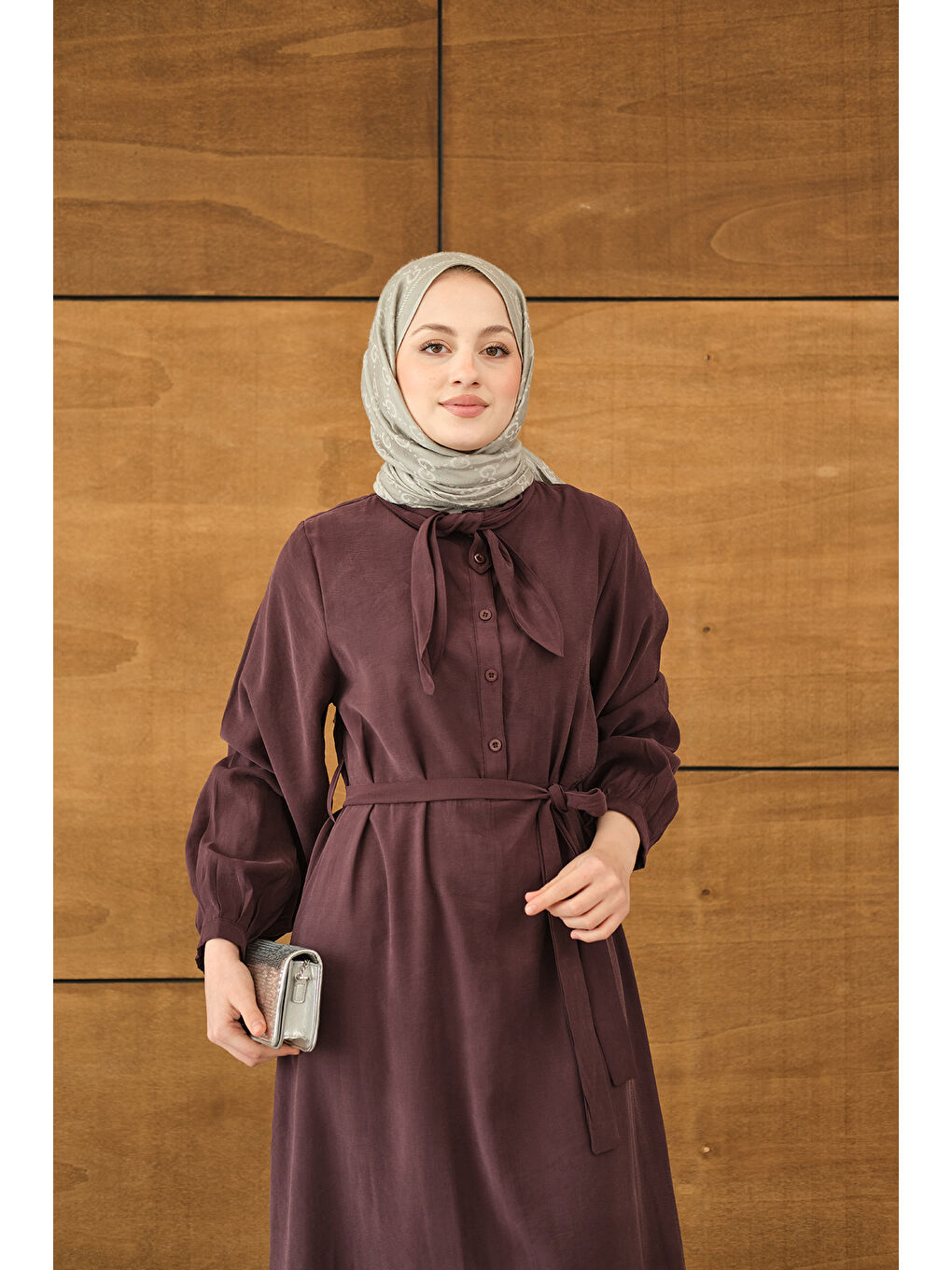 Kadın Fular Yaka Detaylı Nervürlü Modal Elbise Bordo-1