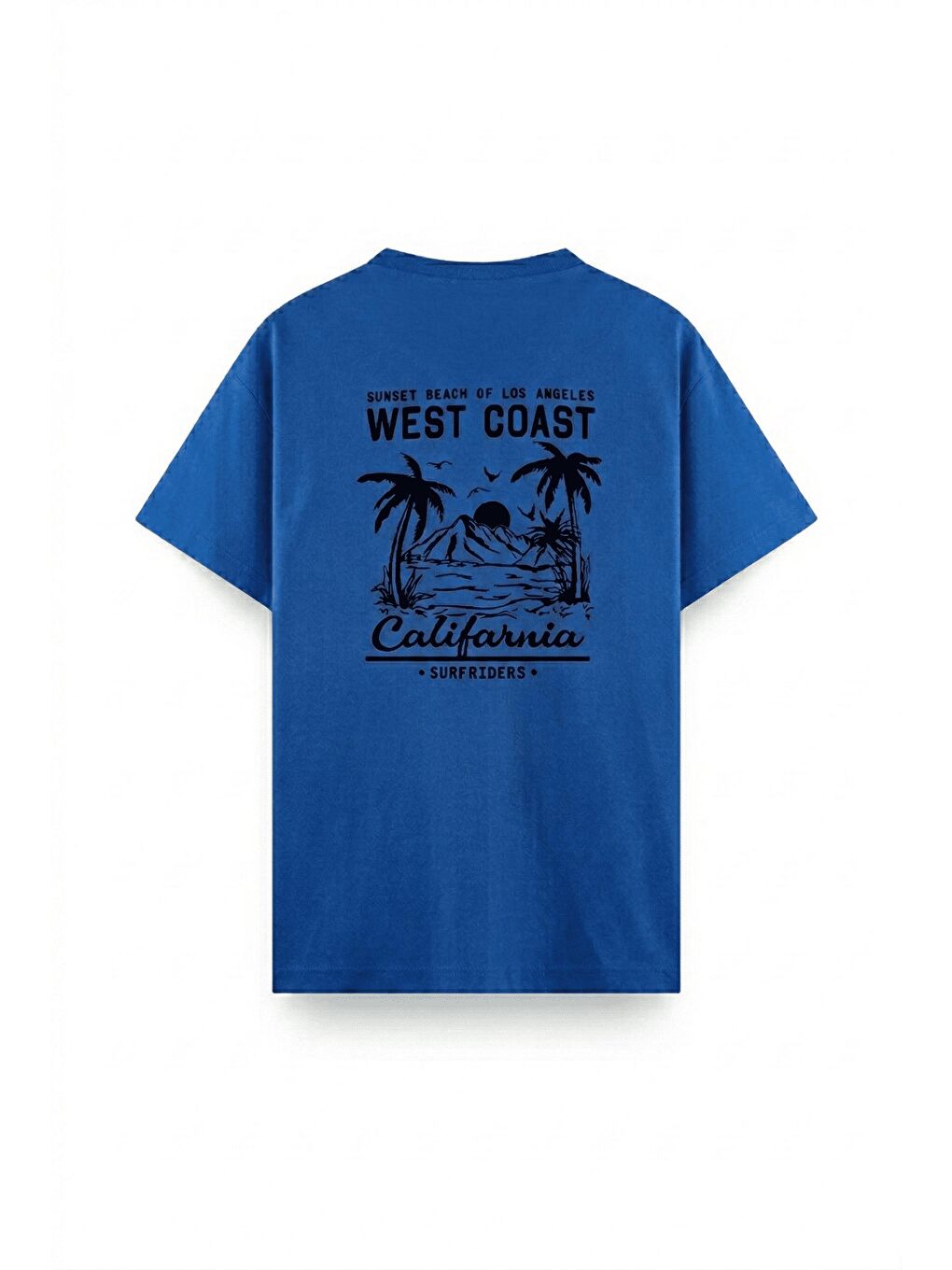 Mavi West Coast Surfriders California Baskılı Erkek Unisex Oversize Tişört Büyük Beden Tshirt