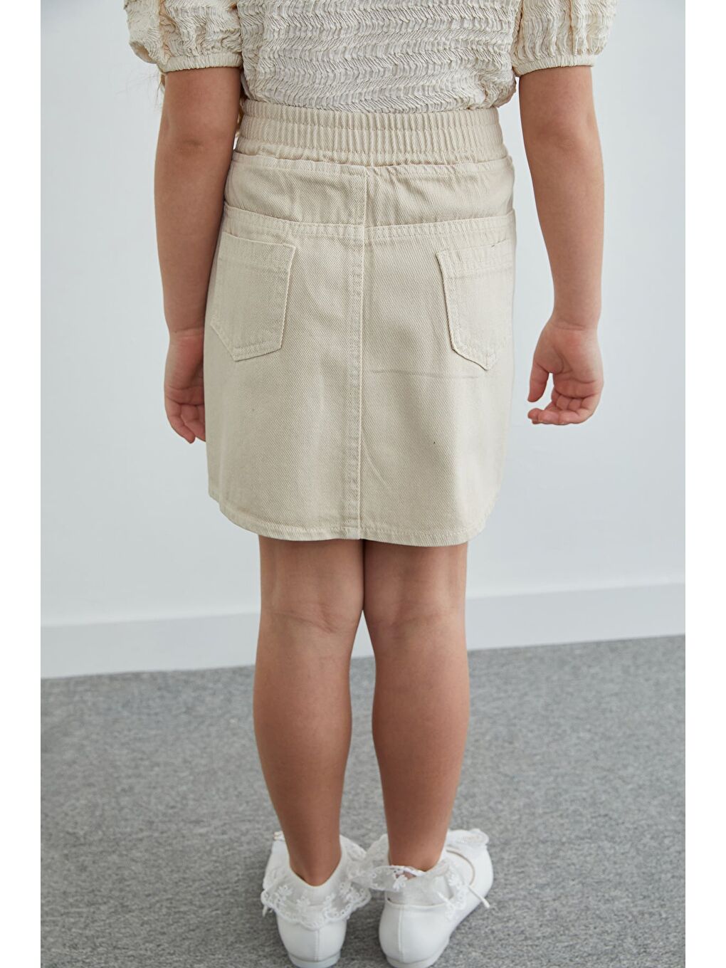 Bej Taşlı Kalp Nakışlı Kız Çocuk Jean Etek-4