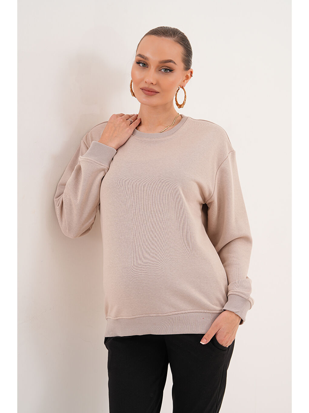 Ekru Bisiklet Yaka %100 Pamuk Hamile ve Lohusa Basic Sweatshirt-6