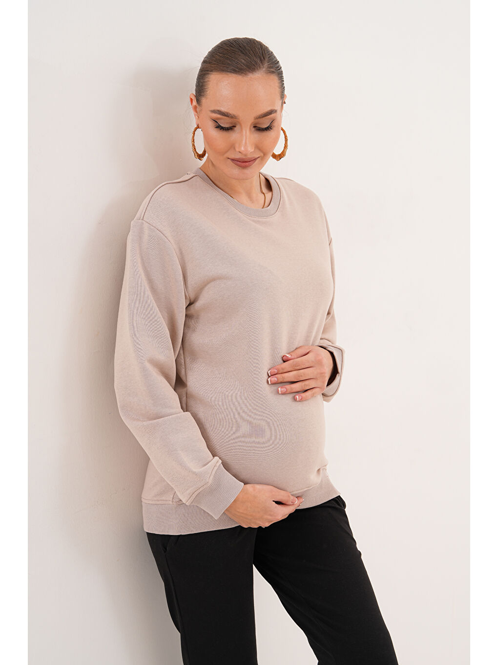 Ekru Bisiklet Yaka %100 Pamuk Hamile ve Lohusa Basic Sweatshirt-7