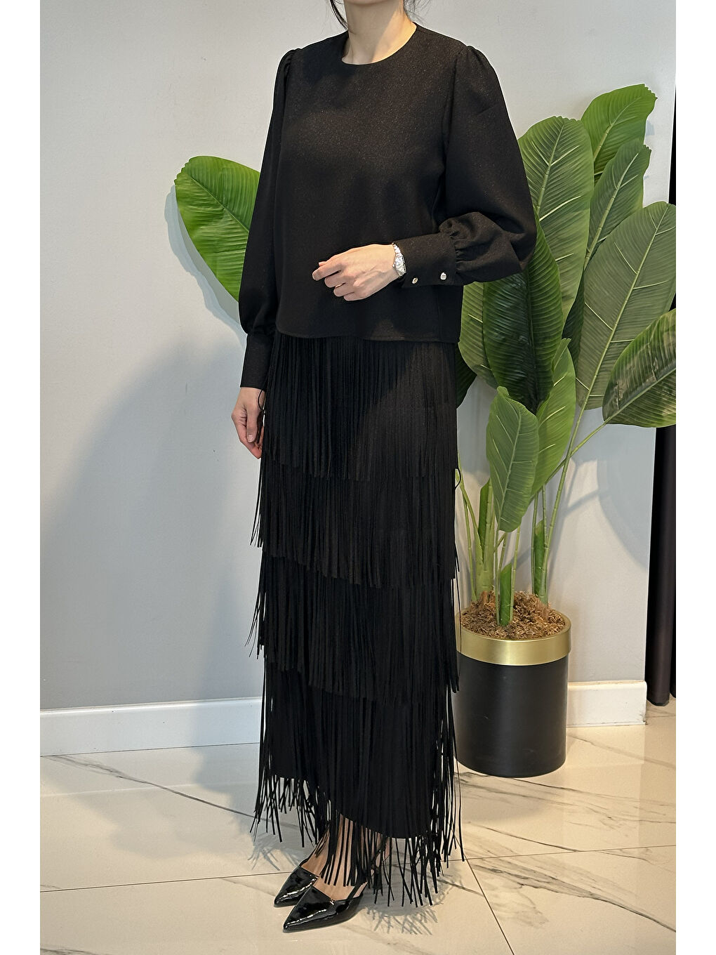 Eteği Püskül Detay Tunik Etek Takım 10548 Siyah-2