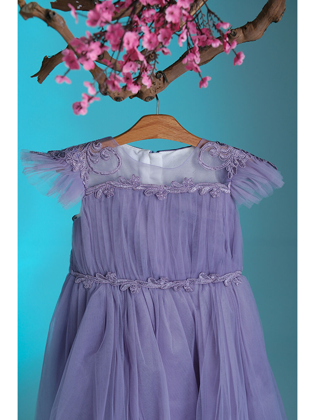 Lila Beli ve Omuzu İşleme Detaylı Kız Çocuk Abiye ABY.2287-3