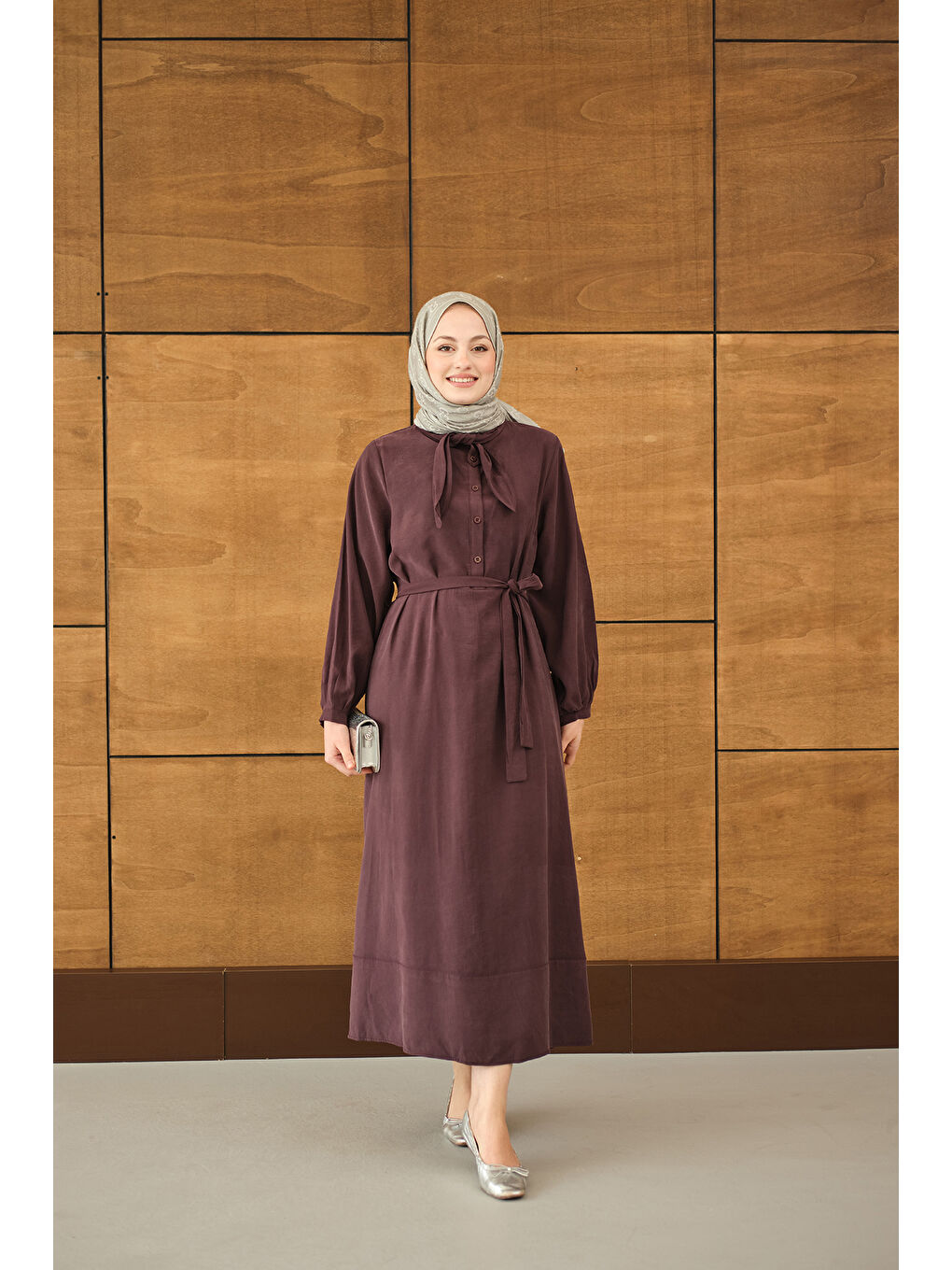 Kadın Fular Yaka Detaylı Nervürlü Modal Elbise Bordo-3
