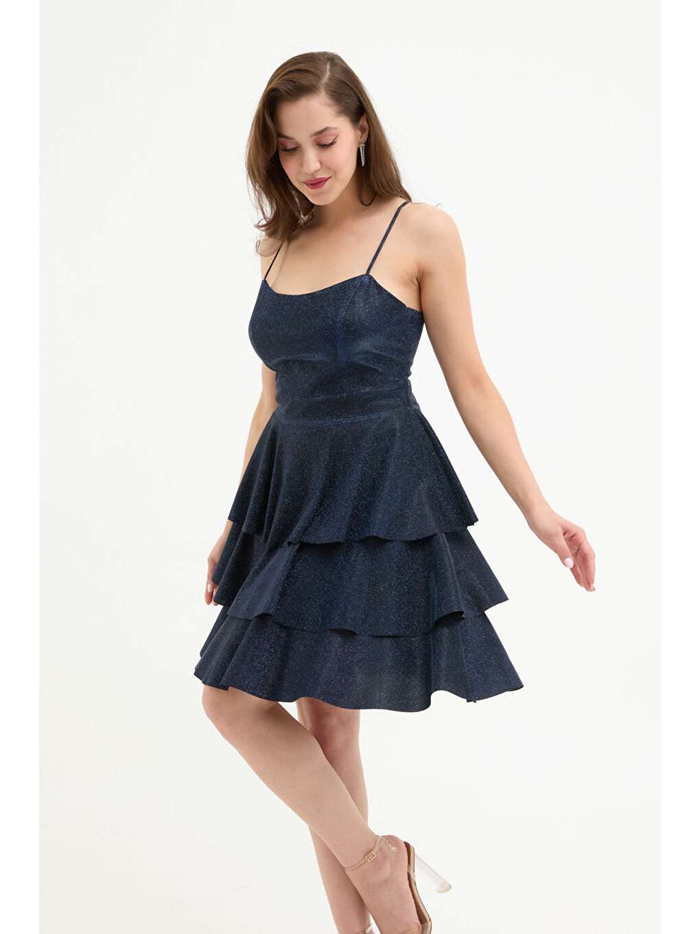 Kadın Lacivert İnce Askılı Sırt Dekolteli Simli Mini Mezuniyet Elbisesi-1