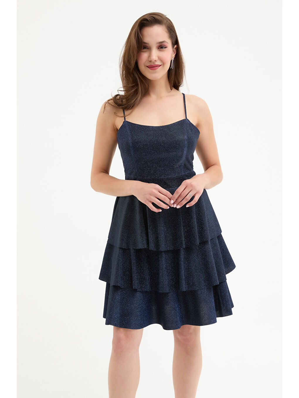 Kadın Lacivert İnce Askılı Sırt Dekolteli Simli Mini Mezuniyet Elbisesi-2